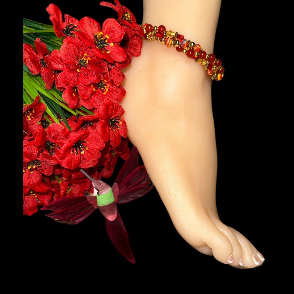 Red Malachite & Red Gate Twisted Bead Ankle Bracelet in Goldtone